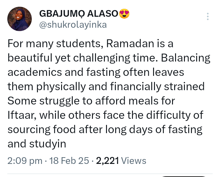 shukrolayinka's tweet photo. Imagine being the reason a student breaks their fast with ease and relief

That small act of kindness becomes fuel for their prayers, energy for their studies, and lead to immense blessings 

Donation Details:
Bank:UBA
Account Number:2320458110
Account Name: MSSN OAU Ramadan Dona https://t.co/MMjq2CV4vF