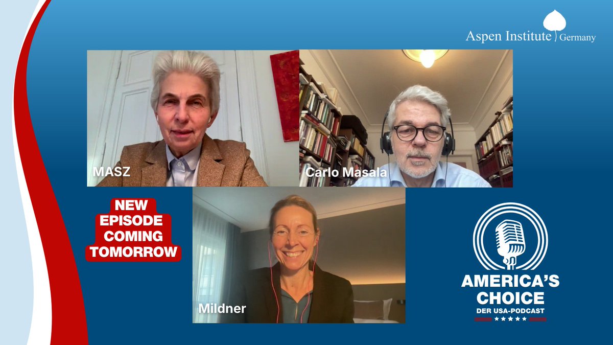 AspenGermany's tweet photo. Bald erscheint die neue Podcast-Episode von "America's Choice"! @MAStrackZi und @CarloMasala1 sprechen mit @stormy_mildner über Trumps Annäherung an Russland und die Folgen für die Ukraine, Europa und die transatlantischen Beziehungen. Bald zu hören! #AmericasChoice #AspenGermany https://t.co/u7bIIlDkwl