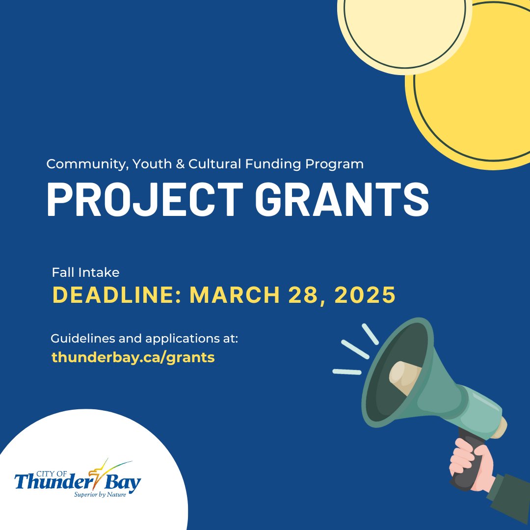 City of Thunder Bay (@citythunderbay) on Twitter photo Projects Grant applications open for the Community, Youth & Cultural Funding Program! Non-profits, collectives and individual orgs can apply for funding under Anti-Racism, T&R, CSWB, Youth, Culture, and Sport Dev'p by March 28 thunderbay.ca/grants
Email:grants@thunderbay.ca Projects Grant applications open for the Community, Youth & Cultural Funding Program! Non-profits, collectives and individual orgs can apply for funding under Anti-Racism, T&R, CSWB, Youth, Culture, and Sport Dev'p by March 28 thunderbay.ca/grants
Email:grants@thunderbay.ca