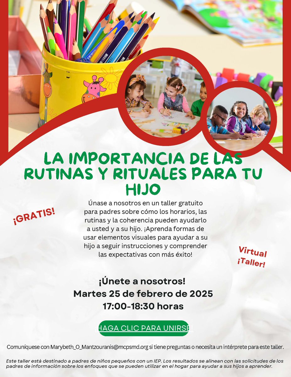 MCPSMDSpecialEd's tweet image. ¡Únase a nosotros hoy! Martes 25 de febrero de 5:00 a 6:30 p.m.
LA IMPORTANCIA DE LAS RUTINAS Y RITUALES PARA TU HIJO
Regístrate aquí:
drive.google.com/file/d/1uvP179…