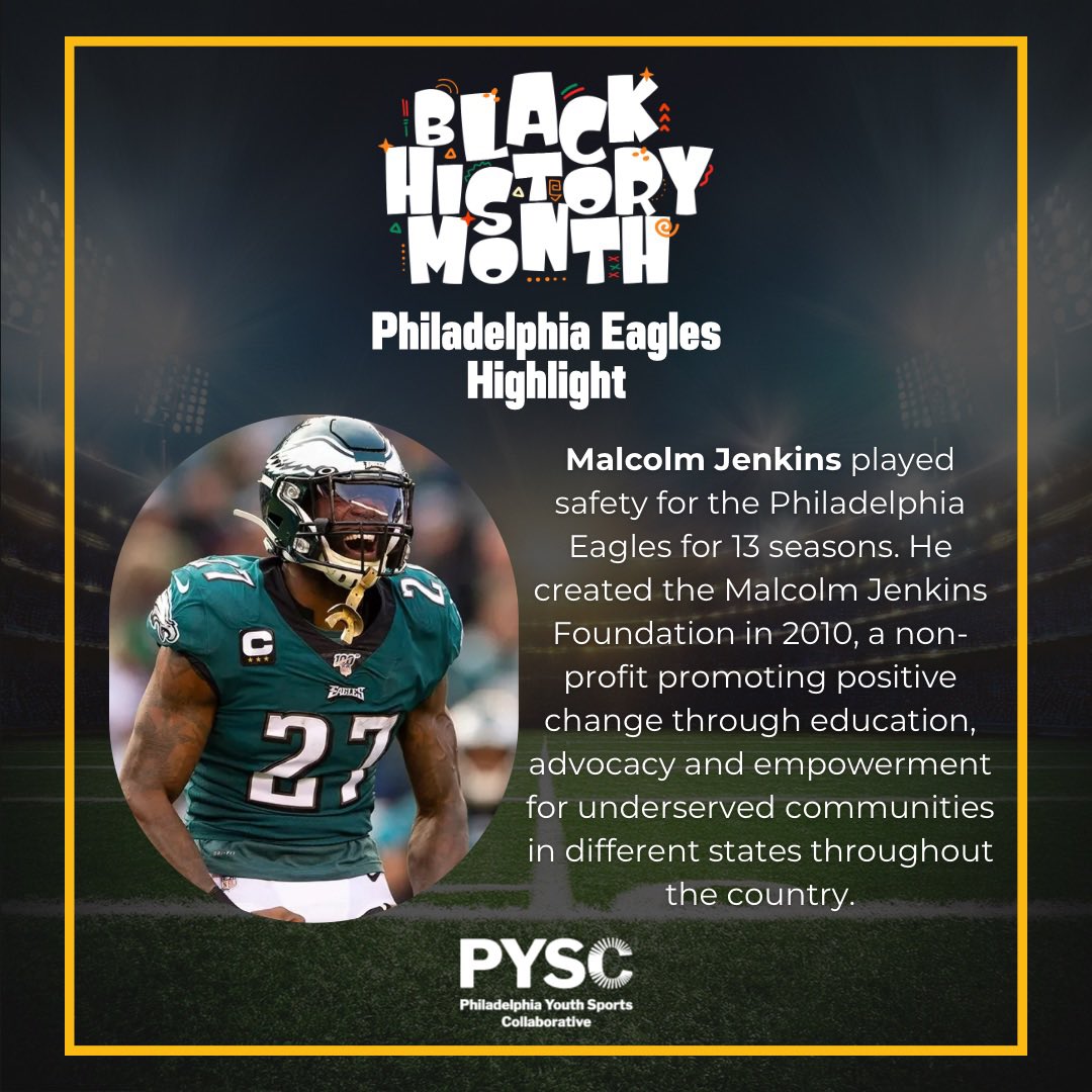 Philly Youth Sports Collaborative (@philayouthsport) on Twitter photo 🏈✨ Black History Month Spotlight ✨🏈
13 seasons with the <a href="/Eagles/">Philadelphia Eagles</a> & a legacy that goes beyond the field. 🦅<a href="/MalcolmJenkins/">Malcolm Jenkins</a> founded The Malcolm Jenkins Foundation in 2010 to empower underserved communities through education & advocacy. 💚
Thank you, Malcolm!
#PYSC #GoBirds 🏈✨ Black History Month Spotlight ✨🏈
13 seasons with the <a href="/Eagles/">Philadelphia Eagles</a> & a legacy that goes beyond the field. 🦅<a href="/MalcolmJenkins/">Malcolm Jenkins</a> founded The Malcolm Jenkins Foundation in 2010 to empower underserved communities through education & advocacy. 💚
Thank you, Malcolm!
#PYSC #GoBirds