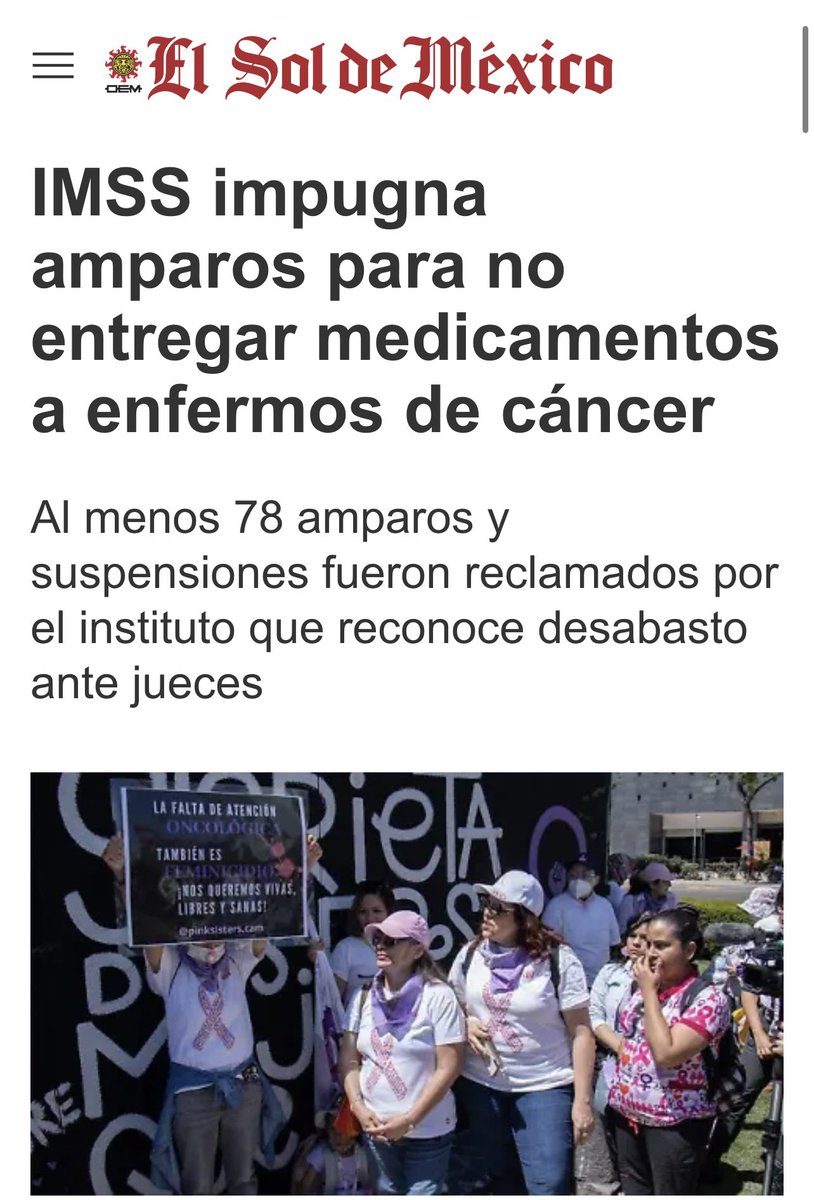 ❌ El IMSS reconoce desabasto de medicamentos, pero IMPUGNA amparos de pacientes con cáncer.

Los pacientes con cáncer han tenido que recurrir a amparos para exigir su derecho a recibir medicamentos esenciales. Sin embargo, en lugar de acatar estas órdenes judiciales, el IMSS ha