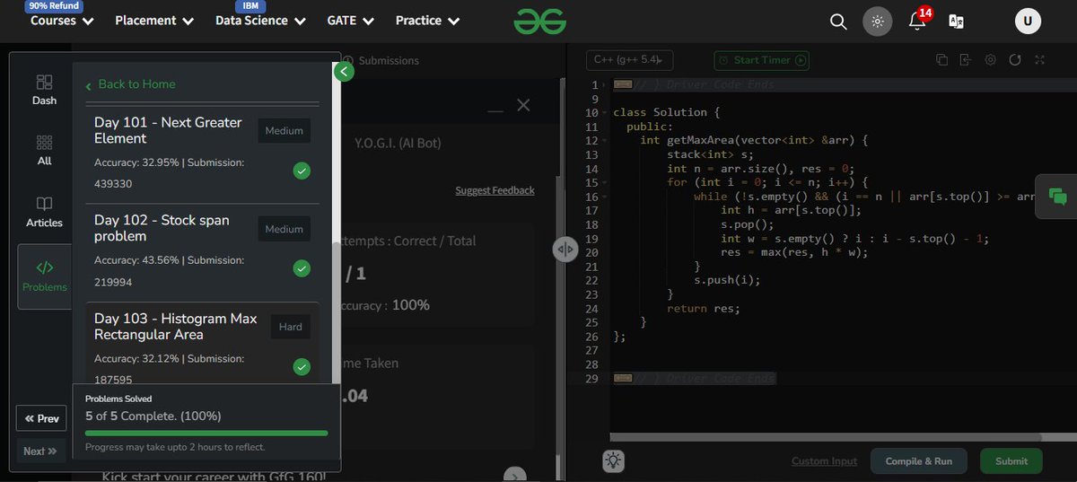 UdayIge's tweet image. #GfG160: 160 days of problem-solving! 🚀

✅ Day 103: Histogram Max Rectangular Area done.

#geekstreakchallenge
#geekstreak2024 #gfg160

@geeksforgeeks