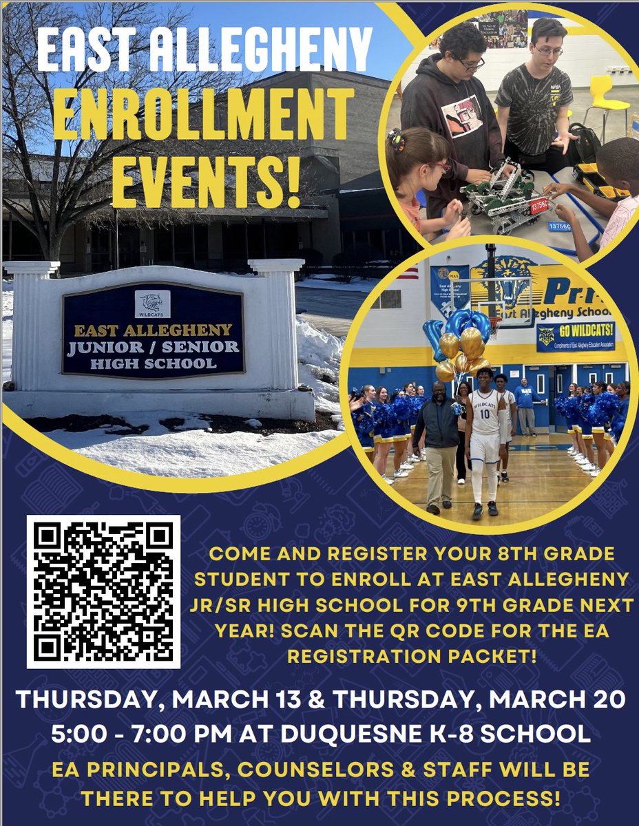 Duquesne 8th grade families: East Allegheny Jr/Sr High School staff will be at our school on March 13 and March 20, from 5:00 pm - 7:00 pm, to inform families as to what their district has to offer.