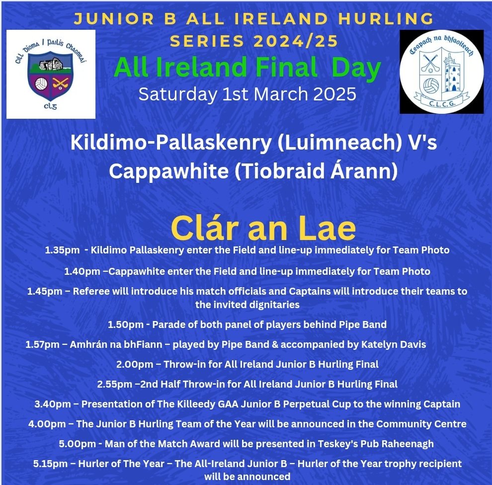 JnrB Hurling Series (@juniorbhurlingc) on Twitter photo 4 more sleeps to All Ireland Final Day, proceedings commence from 1.30pm on Saturday next the 1st of March in Raheenagh.
<a href="/cappawhitegaa/">Cappawhite GAA</a> <a href="/KenrydimoGAA/">Kildimo Pallaskenry</a> <a href="/clubber/">Clubber</a> <a href="/MunsterGAA/">Munster GAA / Comhairle na Mumhan</a> <a href="/CityGaa/">Limerick City GAA</a> <a href="/LimerickCLG/">Limerick GAA</a> <a href="/LimkLeaderSport/">Limerick Leader Sport / Limerick Live Sport</a> <a href="/TipperaryGAA/">Tipperary GAA</a> <a href="/Westtippgaa/">West Tipperary GAA</a> <a href="/TippMid/">Tipp Mid West Radio Sports</a> 4 more sleeps to All Ireland Final Day, proceedings commence from 1.30pm on Saturday next the 1st of March in Raheenagh.
<a href="/cappawhitegaa/">Cappawhite GAA</a> <a href="/KenrydimoGAA/">Kildimo Pallaskenry</a> <a href="/clubber/">Clubber</a> <a href="/MunsterGAA/">Munster GAA / Comhairle na Mumhan</a> <a href="/CityGaa/">Limerick City GAA</a> <a href="/LimerickCLG/">Limerick GAA</a> <a href="/LimkLeaderSport/">Limerick Leader Sport / Limerick Live Sport</a> <a href="/TipperaryGAA/">Tipperary GAA</a> <a href="/Westtippgaa/">West Tipperary GAA</a> <a href="/TippMid/">Tipp Mid West Radio Sports</a>