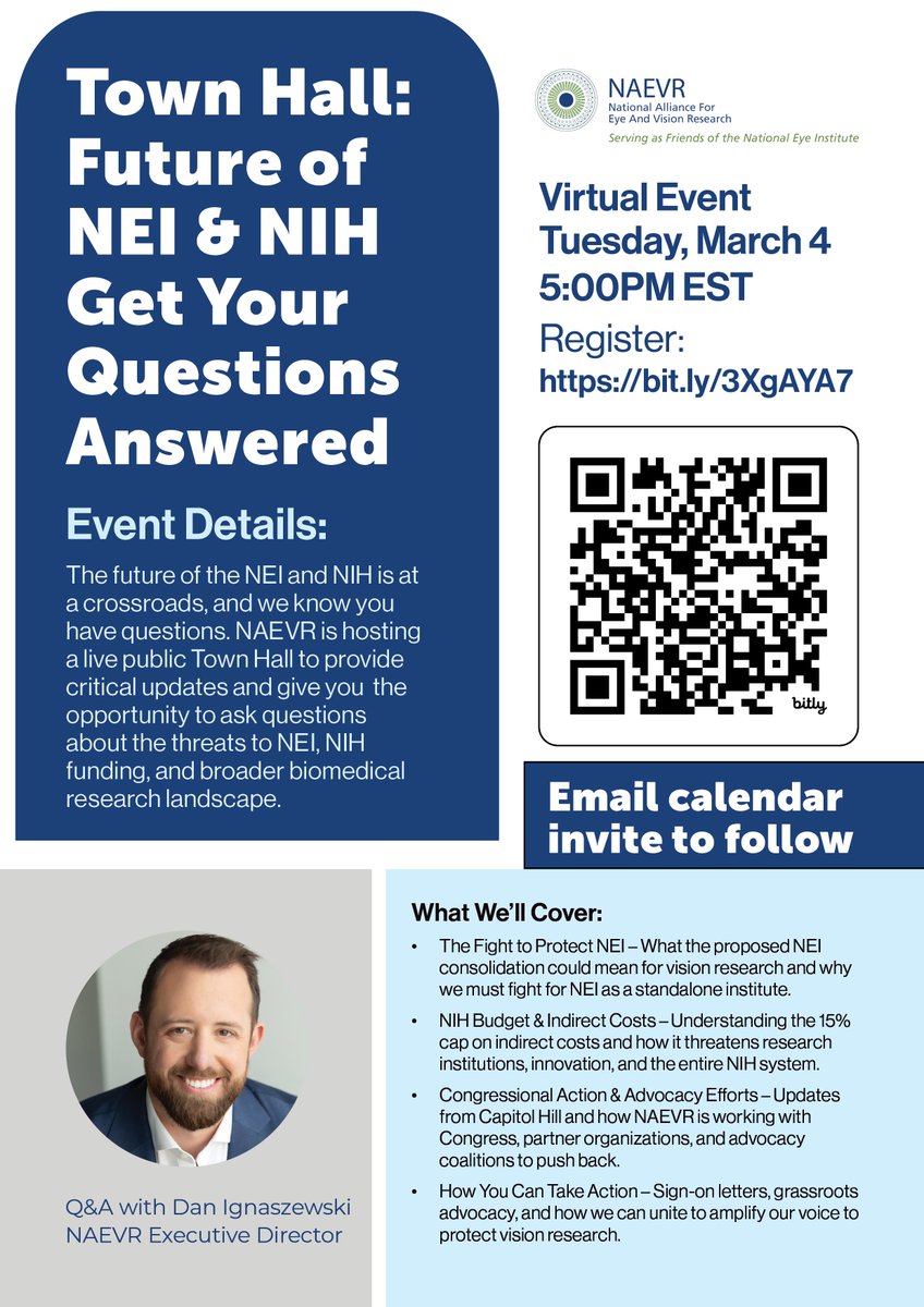 The future of vision research is at risk, and we want to hear from YOU! Join us for a live public town hall to discuss the proposed NEI consolidation, budget threats, and what we can do to push back. o

March 4
5PM EST
bit.ly/3XgAYA7
Calendar invite will follow sign up.