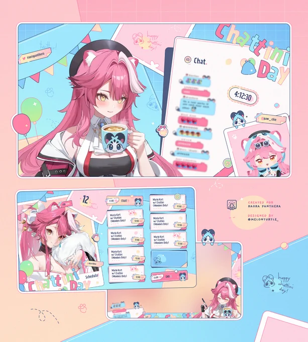 Happy to share that I designed these super fun overlays (&amp; schedule) for @raorapanthera's Chattini Day streams!! 🐱🎉

#RaorArt 💙 