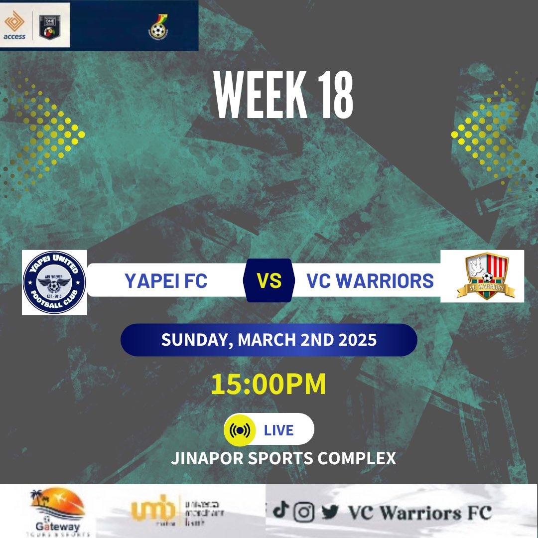 VC_Warriors's tweet photo. We go again after the MTN FA Cup break!
We are on the road as we visit Jinapor Park in Buipe to play Yapei Fc.
@DivisionOneGH 
@ghanafaofficial 
#Warriors
#possible https://t.co/s7HqssaN9H