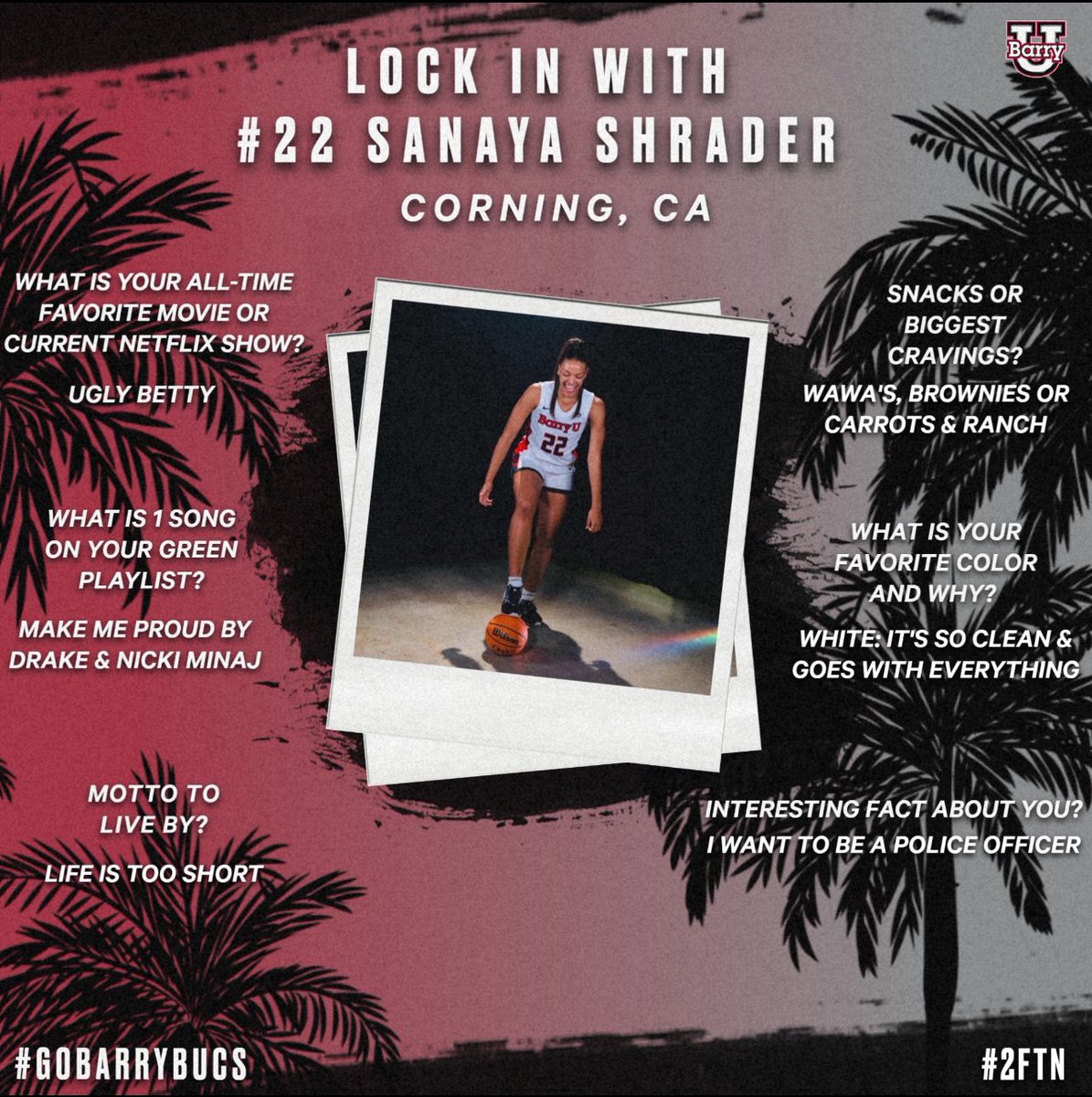 Get to know one of our seniors, Sanaya Shrader from Corning, CA! 

#GOBARRYBUCS // #305 // #2FTN
