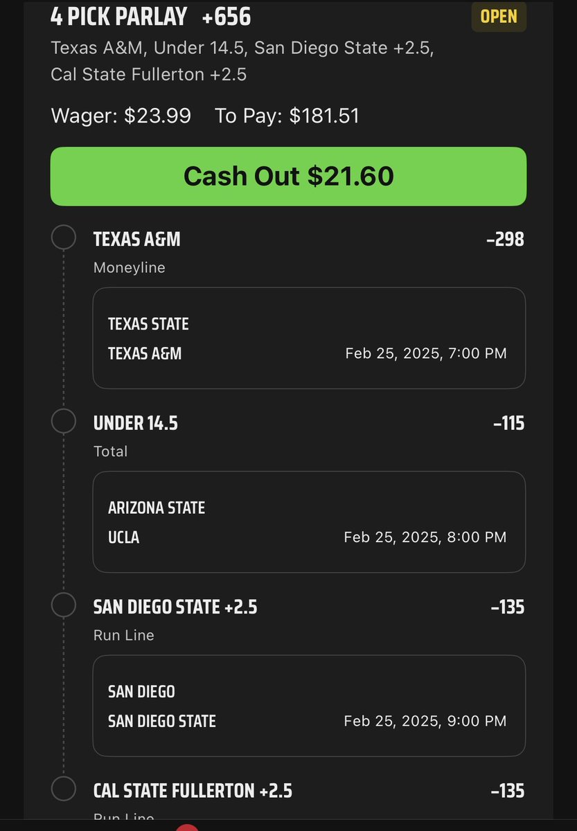 A little college baseball fun!! <a href="/OSTails/">Tails</a> <a href="/OddsShopper/">OddsShopper</a> on <a href="/DKSportsbook/">draftkingssports</a> 

Texas A&amp;M ML
ASU/UCLA u14.5
SDSU +2.5
Cal St Fuller +2.5

Round Robin all combos!