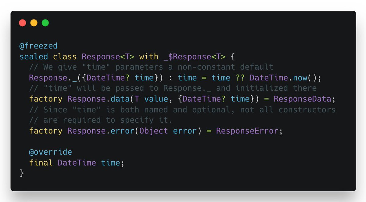 remi_rousselet's tweet image. Freezed 3.0 is out! 🥳

It includes:
- non-constant default values
- inheritance
- support for &quot;normal classes&quot;
and more!

Here&apos;s an example of non-constant default values 👇