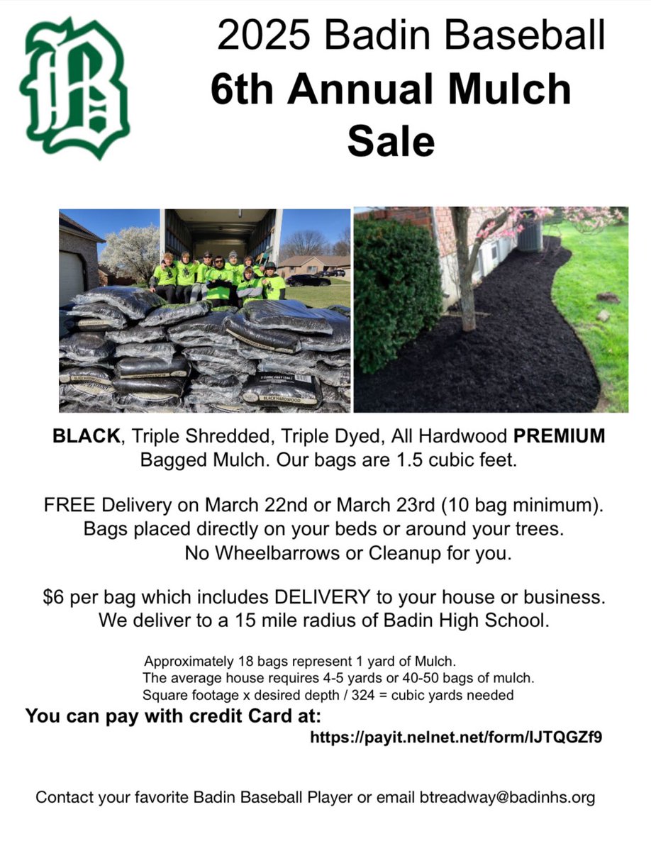 Beautiful days like today have you thinking about mulch?  Let us serve your mulch needs this spring!  payit.nelnet.net/form/IJTQGZf9