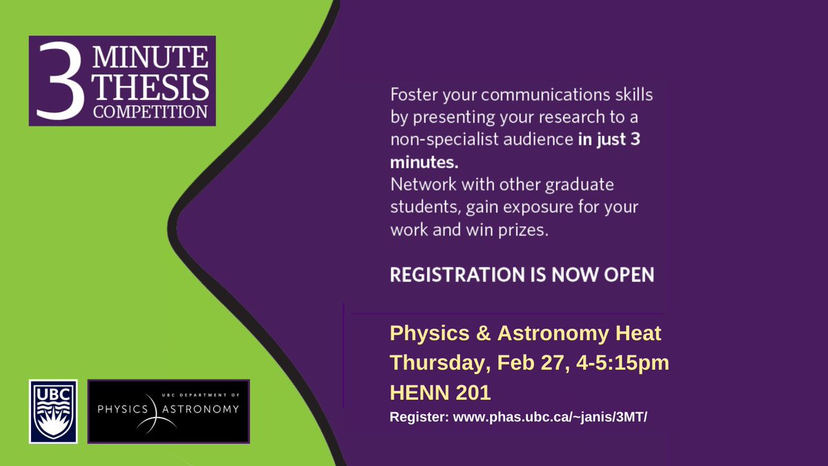 Come join us for our annual 3-Minute Thesis Competition (3MT), happening in this week's colloquium spot! Grad students will present their research in just 3 minutes! phas.ubc.ca/three-minute-t… <a href="/ubcscience/">UBC Science</a> <a href="/ubcengineering/">UBC Engineering</a> @triumflab @ubcgradschool <a href="/ubcmsl/">Michael Smith Labs</a> #physics #astronomy