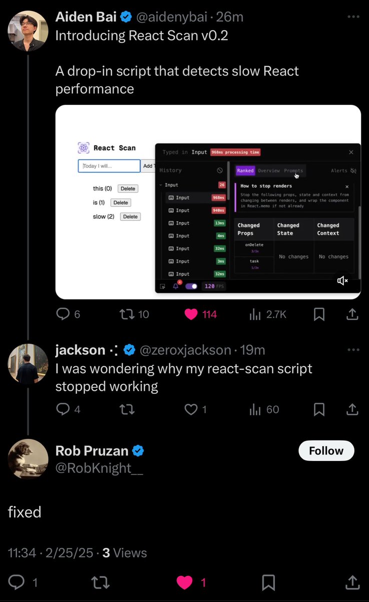 jackson ⁖ (@zeroxjackson) on Twitter photo Now this is incredible customer support. 18 minutes from bug report to deployed fix.
Excellent work <a href="/aidenybai/">Aiden Bai</a> <a href="/RobKnight__/">Rob Pruzan</a> <a href="/milliondotjs/">Million.js</a> Now this is incredible customer support. 18 minutes from bug report to deployed fix.
Excellent work <a href="/aidenybai/">Aiden Bai</a> <a href="/RobKnight__/">Rob Pruzan</a> <a href="/milliondotjs/">Million.js</a>