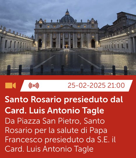 📌 ORE 21:00
📍PIAZZA SAN PIETRO
➡️PREGHIERA DEL SANTO ROSARIO PER LA SALUTE DI #PAPAFRANCESCO, PRESIEDUTA DAL CARD. LUIS ANTONIO TAGLE

➡️ SEGUI LA DIRETTA SU VATICANNEWS.VA/IT E SUI NOSTRI CANALI SOCIAL: 
YOUTUBE 
FB