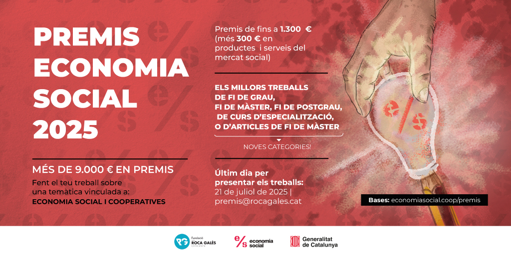 📣Obrim nova convocatòria dels #PremisEconomiaSocial2025 i presentem 💡NOVETATS💡
Enguany ampliem la convocatòria a:
✅Treballs de fi de màster
✅ Treballs de cursos d’especialització
Es repartiran més de 9.000€ en #premis
ℹ️Bases: economiasocial.coop/cursos-i-talle…