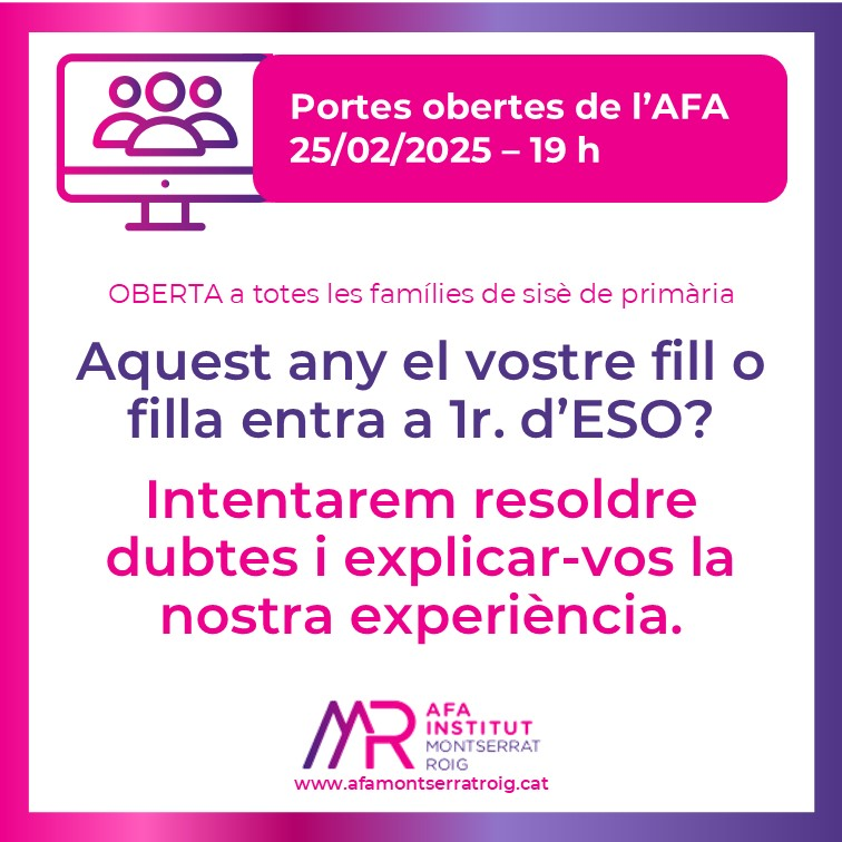 Monts_Roig_Afa's tweet photo. Obrim l’AFA
Avui, 25 de febrer de 19 h a 20 h
Enllaç de la videotrucada:
https://t.co/yhTJeLKshO
#SomAFA
#SomSecundària
#SomElRoig https://t.co/TTbhkzYIzF