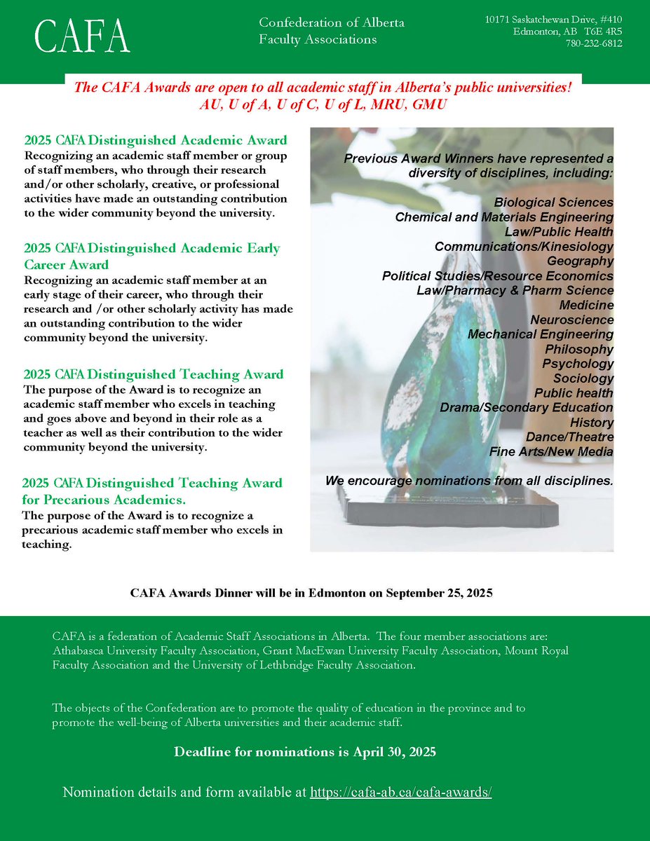 CAFA Awards 2025 - Nominations are open! cafa-ab.ca/awards <a href="/UAlberta/">University of Alberta</a> <a href="/UCalgary/">U Calgary</a> <a href="/GMUFA/">GMUFA</a> <a href="/MRUFaculty/">MRU Faculty Association</a> @AUFacultyAssoc <a href="/ULFAssociation/">ULFA</a>