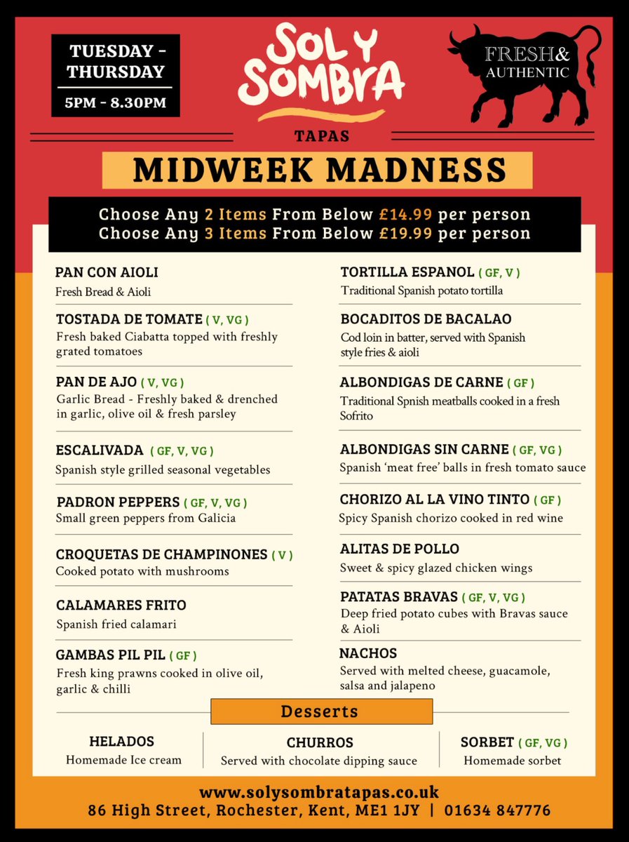 SolYSombraKent's tweet photo. Midweek Madness at Sol Y Sombra! ✨

Why wait for the weekend when you can enjoy a Spanish feast right in the middle of the week? 🌞🇪🇸

Join Sol Y Sombra for dinner Tuesday – Thursday (5 pm - 8:30 pm) and take advantage of their Midweek Madness menu! https://t.co/OlipuM8ZPm