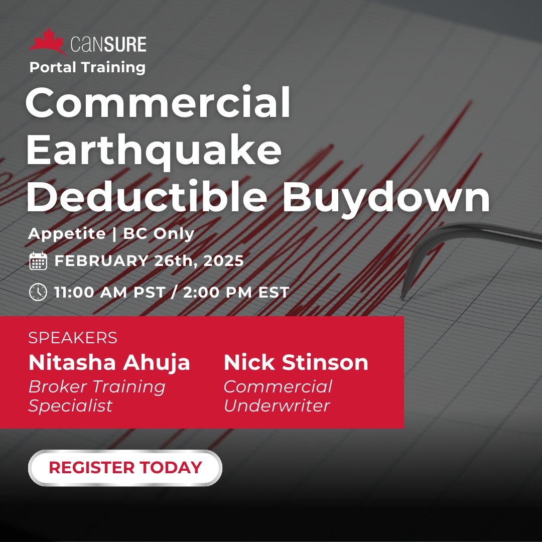 Last chance to sign up ✨Join Nitasha Ahuja and Nick Stinson as they dive into the essentials of Commercial Earthquake Buy-Down coverage!  Don't miss this chance to learn from the experts. Spots are limited!  

Register today: ow.ly/CwMv50V5Byb

#Cansure #CEQBD #MGU #Canada
