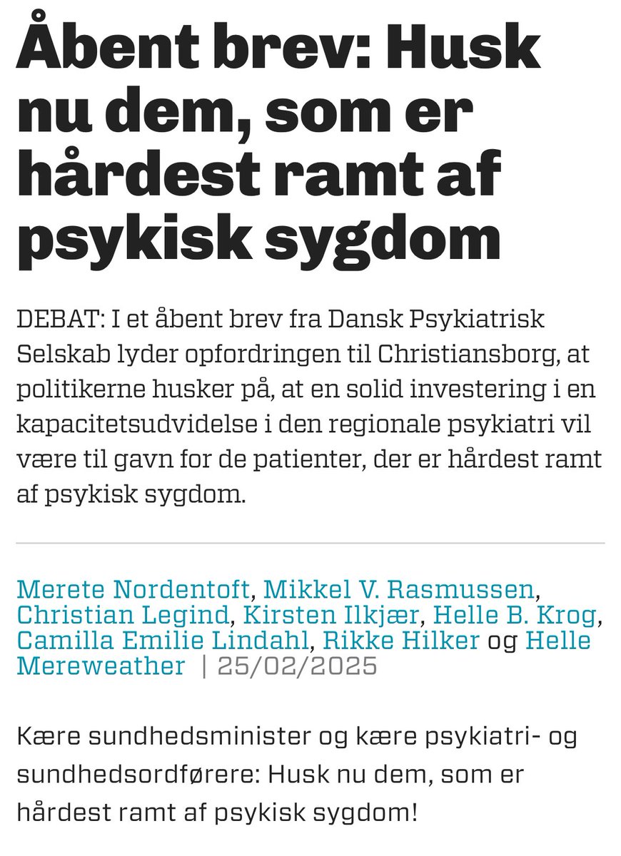 Mikkel Rasmussen (@psykiatrilisten) on Twitter photo Debat indlæg i <a href="/DagensMedicinDK/">Dagens Medicin</a> af bestyrelsen i <a href="/DSelskab/">Dansk Psykiatrisk Selskab</a> med et opråb for de sværest psykisk syge og en påmindelse om korrekt udrulning af 10-års planen for #psykiatri
dagensmedicin.dk/aabent-brev-hu…
#sundpol #dkpol #psykiatriplan #10årsplan #sværestsyge Debat indlæg i <a href="/DagensMedicinDK/">Dagens Medicin</a> af bestyrelsen i <a href="/DSelskab/">Dansk Psykiatrisk Selskab</a> med et opråb for de sværest psykisk syge og en påmindelse om korrekt udrulning af 10-års planen for #psykiatri
dagensmedicin.dk/aabent-brev-hu…
#sundpol #dkpol #psykiatriplan #10årsplan #sværestsyge