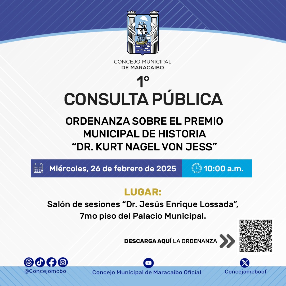 Este miércoles #26Feb estaremos llevando a cabo la primera consulta pública de la Ordenanza sobre el Premio Municipal de Historia “Dr. Kurt Nagel Von Jess”. 

La cita es a partir de las 10:00 a.m. 🕢

#Ordenanza #ConcejoMcbo