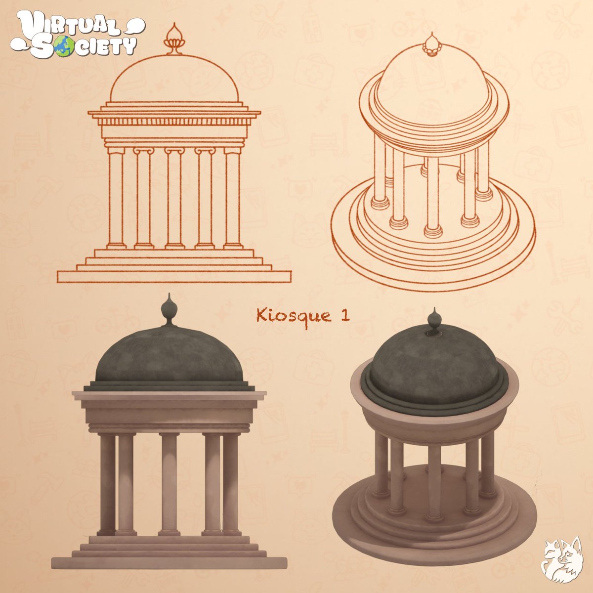 Take a look at our elegant kiosk in VirtualSociety, starting as concept art into a stunning 3D model.  Perfect for parks, plazas, or your dream creations! 🌟