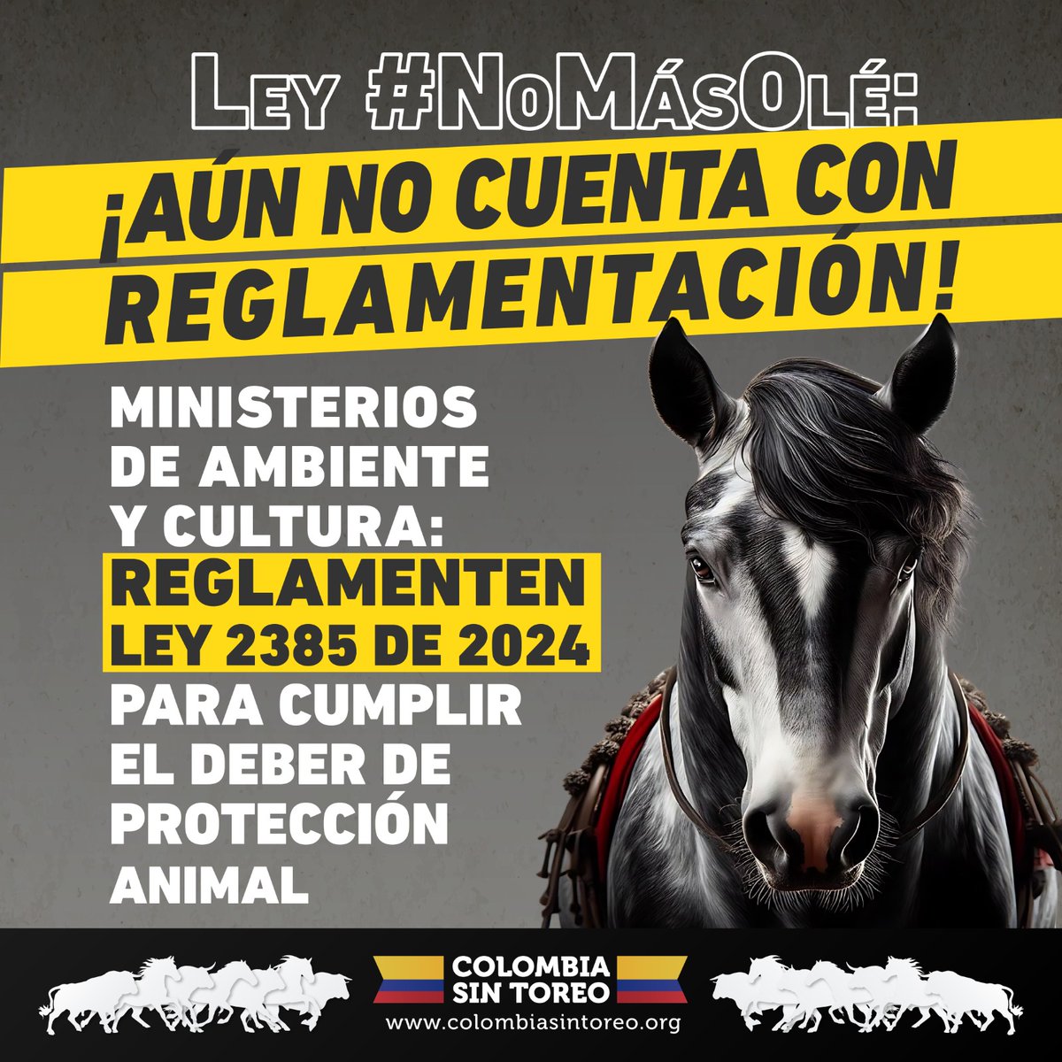 Colombia Sin Toreo (@colsintoreo) on Twitter photo Aunque contamos con la Ley #NoMásOlé, esta no ha sido reglamentada por el Gobierno Nacional y los taurinos incrementaron el número de corridas de toros irregulares.
<a href="/MinAmbienteCo/">MinAmbiente Colombia</a> y <a href="/mincultura/">MinCultura Colombia</a>: ¡Reglamenten ya la Ley 2385 de 2024!
Avancemos por una #ColombiaSinToreo.
🐎🇨🇴🐂 Aunque contamos con la Ley #NoMásOlé, esta no ha sido reglamentada por el Gobierno Nacional y los taurinos incrementaron el número de corridas de toros irregulares.
<a href="/MinAmbienteCo/">MinAmbiente Colombia</a> y <a href="/mincultura/">MinCultura Colombia</a>: ¡Reglamenten ya la Ley 2385 de 2024!
Avancemos por una #ColombiaSinToreo.
🐎🇨🇴🐂