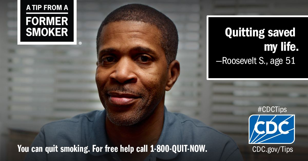 CDCTobaccoFree's tweet photo. Smoking caused Roosevelt S. to have a heart attack at age 45. He had to have bypass surgery to repair the damage. Don’t wait for it to happen to you. Get inspired by his story: https://t.co/IEyJzgSJLj #CDCTips https://t.co/NdVFYTbuBQ