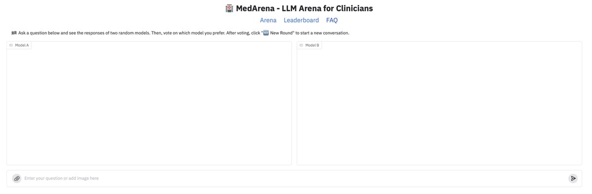 Introducing MedArena medarena.ai/app/?__theme=l… for clinicians to ask medical questions and compare results of LLM models <a href="/james_y_zou/">James Zou</a> <a href="/doximity/">Doximity</a>