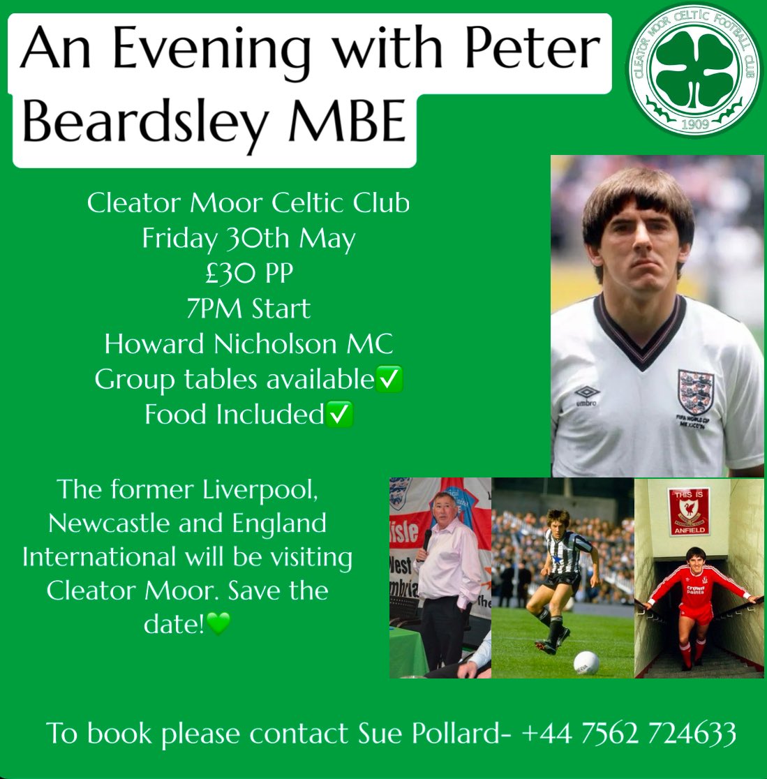 The former Liverpool, Newcastle and England International, Peter Beardsley is coming to town. If you are interested please contact Sue ASAP as tickets for this event are limited and expected to run out fast. More details will come closer to the date.💚⚽️