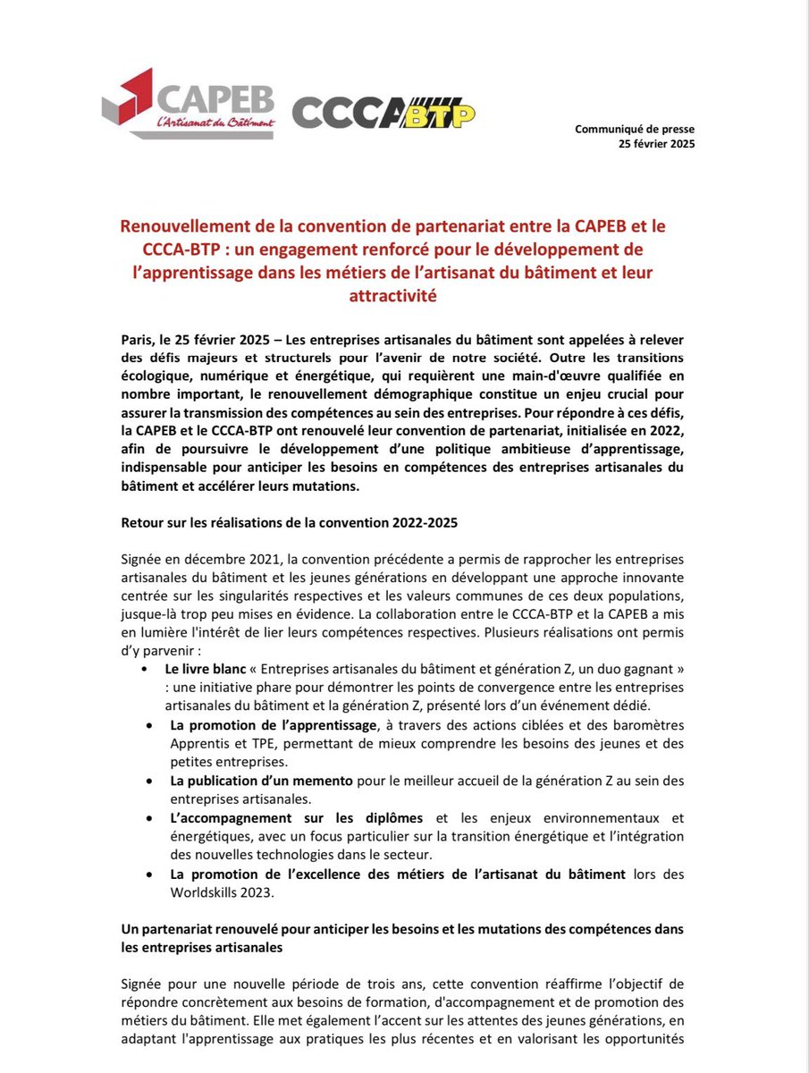 capeb_fr's tweet photo. [#CP] Renouvellement de la convention de partenariat entre la CAPEB et le @3CABTP : un engagement renforcé pour le développement de l’#apprentissage dans les métiers de l’#artisanat du #bâtiment et leur #attractivité.

💬« Le renouvellement de notre partenariat réaffirme les liens forts entre le CCCA-BTP et la CAPEB, membre de notre conseil d’administration à gouvernance paritaire, dans un contexte de profonde mutation des métiers du bâtiment, où les enjeux et besoins en compétences professionnelles des entreprises artisanales n’ont jamais été aussi importants et le seront plus encore dans les prochaines années. Ce partenariat s’inscrit dans la dynamique de développement de l’apprentissage que nous portons, notamment pour susciter auprès des jeunes des vocations pour nos métiers, accompagner et accélérer l’innovation dans les métiers et les entreprises de notre secteur. Les initiatives que nous avons déjà conjointement menées démontrent la pertinence de notre partenariat. Les nouvelles actions que nous entreprendrons permettront d’être au rendez-vous de l’avenir, celui de nos métiers, de nos entreprises, mais aussi de prendre en compte les attentes des jeunes générations au profit des entreprises artisanales du bâtiment. » Christophe Possémé, président du @3CABTP.

 « Le secteur du bâtiment évolue en profondeur, et notre rôle, c’est d’anticiper et d’accompagner ces changements pour garantir la transmission des savoir-faire et l’avenir des entreprises artisanales. Avec ce partenariat avec le CCCA-BTP, on réaffirme notre engagement pour un apprentissage de qualité, en phase avec les défis d’aujourd’hui et de demain. L’objectif, c’est de donner aux jeunes et aux artisans toutes les clés pour réussir dans un secteur en pleine transformation et plein d’opportunités. » @reponcapeb 

➡️ Notre cp commun : https://t.co/BFer8nn10M
