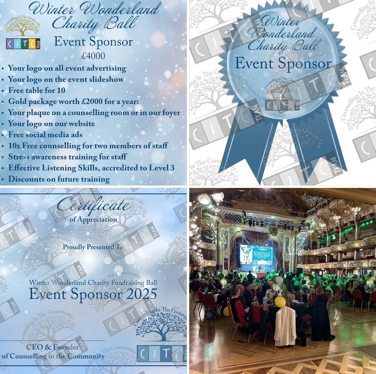 We are looking for an Event Sponsor for the <a href="/CITCCharity/">Counselling In The Community</a> Winter Wonderland Charity Fundraising Ball 🌟💚🌟
Please do get in touch for more information.🙌
Email: contact@citc.team
Phone: 08081963483
Together we can make this years event unforgettable, and make a lasting impact on