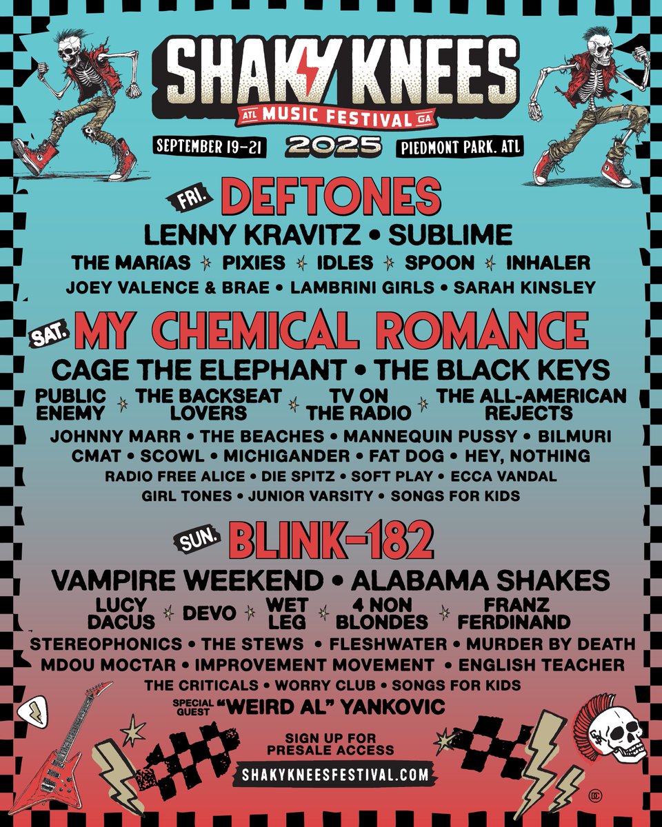 Welcome to a new era 🖤

Presale starts Thurs, 2/27 at 10am ET with access to the lowest-priced tickets.

Sign up now for a presale passcode: shakykneesfestival.com