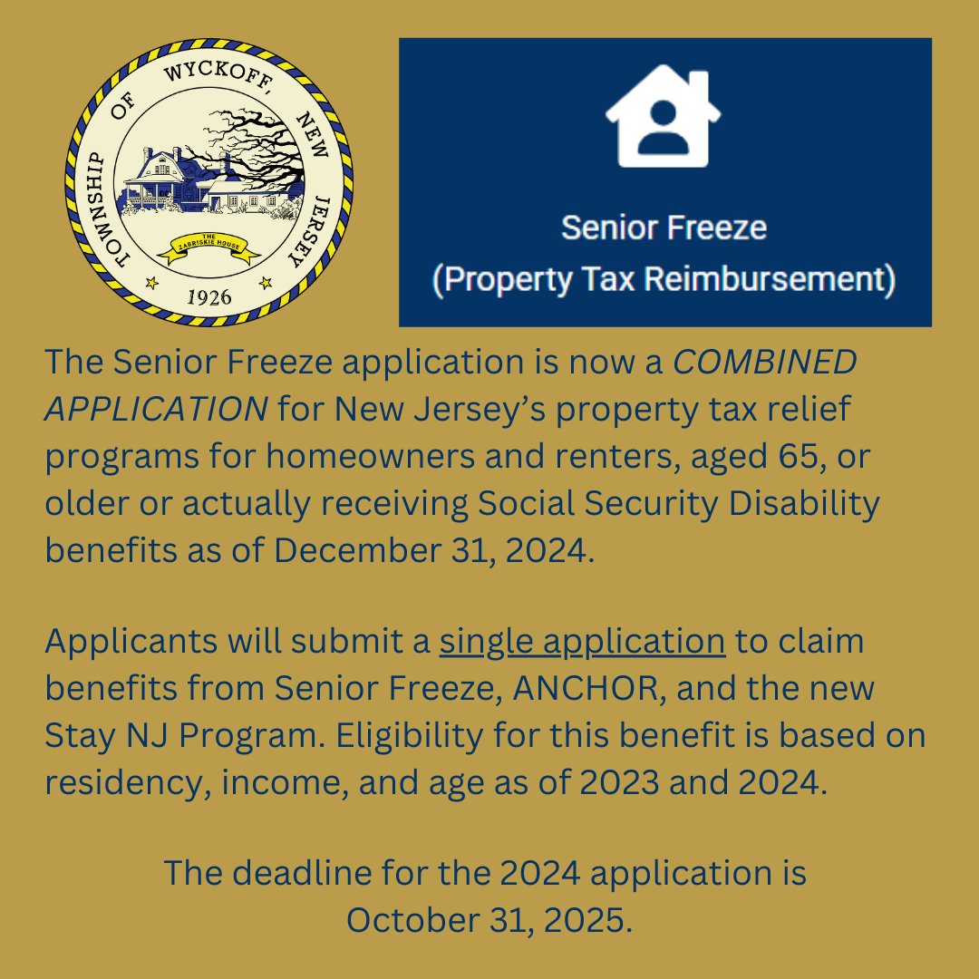 Access to New Jersey's Property Tax Relief Programs has now been combined on a single application. 

Link to the application here: propertytaxreliefapp.nj.gov

Senior Freeze, Anchor Program (previously Homestead Rebate) and the new Stay NJ program now require a single application.