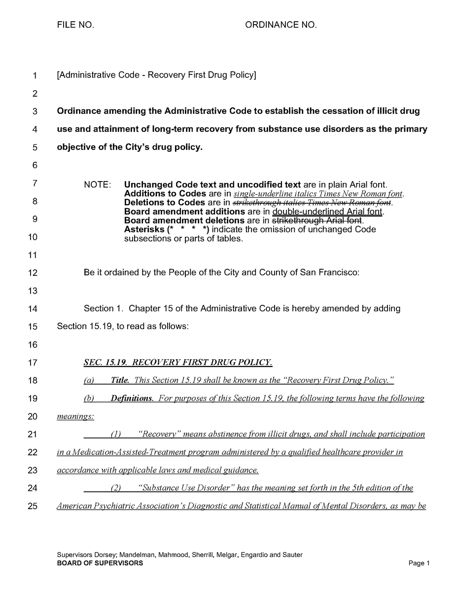 mattdorsey's tweet photo. The cessation of illicit drug use and long-term recovery from addiction should be the primary objective of San Francisco’s drug policy. Today I’m introducing a “Recovery First Ordinance” that will enshrine that principle into local law. (1/5) https://t.co/MzMGltNdIN
