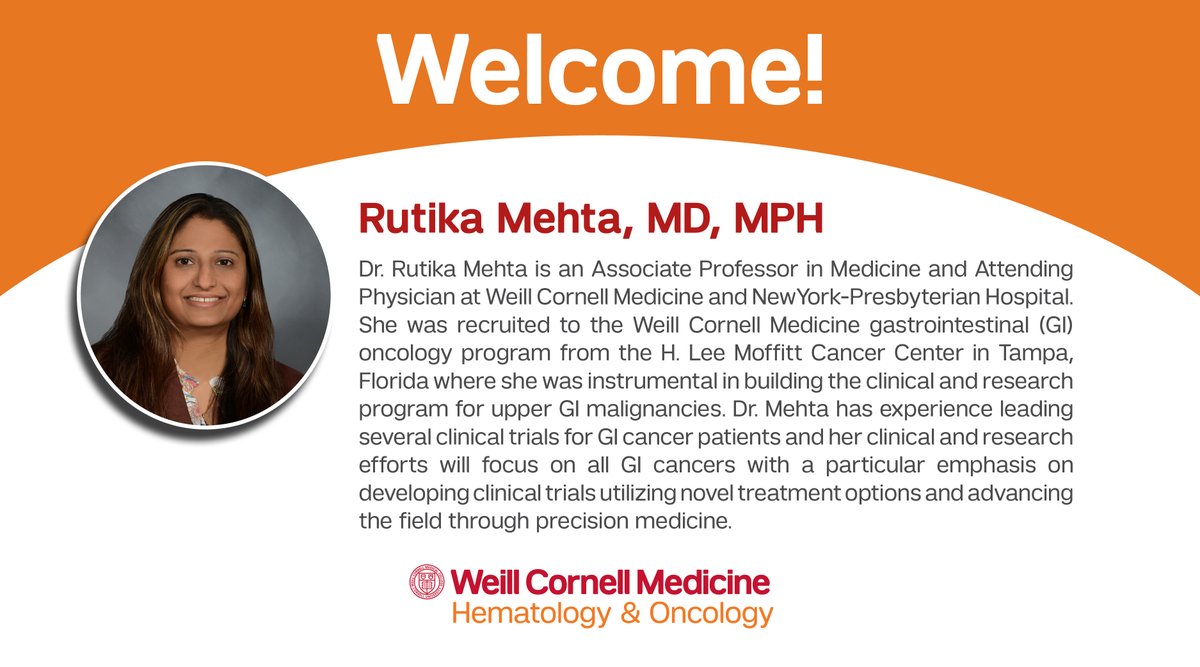 WCM GI Cancer (@wcmgicancer) on Twitter photo Join us in our social media welcome for #GI medical oncologist Dr. Rutika Mehta (<a href="/rutikamehtaMD/">Rutika Mehta</a>)! Dr. Mehta is available for appointments for patients with all types of #GastrointestinalCancer: bit.ly/42WsKkm Join us in our social media welcome for #GI medical oncologist Dr. Rutika Mehta (<a href="/rutikamehtaMD/">Rutika Mehta</a>)! Dr. Mehta is available for appointments for patients with all types of #GastrointestinalCancer: bit.ly/42WsKkm