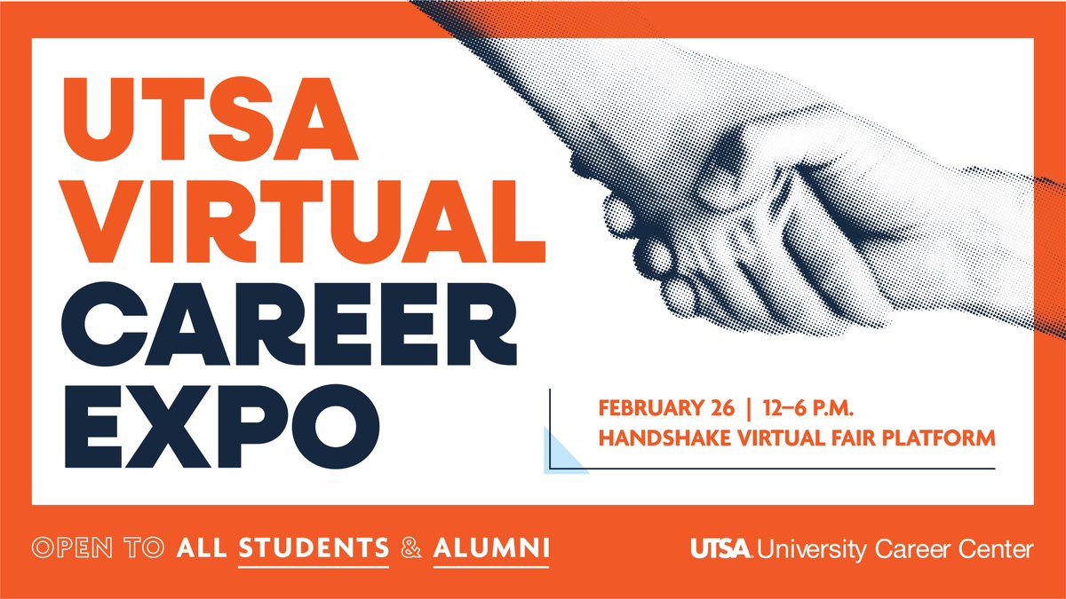 UTSACareer's tweet photo. 🚨LAST CHANCE🚨 The UTSA Virtual Career Expo is our last career expo of the semester. This is your opportunity to make one last impression on employers and take the next step in your career! 🚀

This Wednesday, February 26 from 12-6pm. 
#UTSACareer #UTSA25 #UTSA26 #UTSA27#UTSA28 https://t.co/uBZYV0KBlu