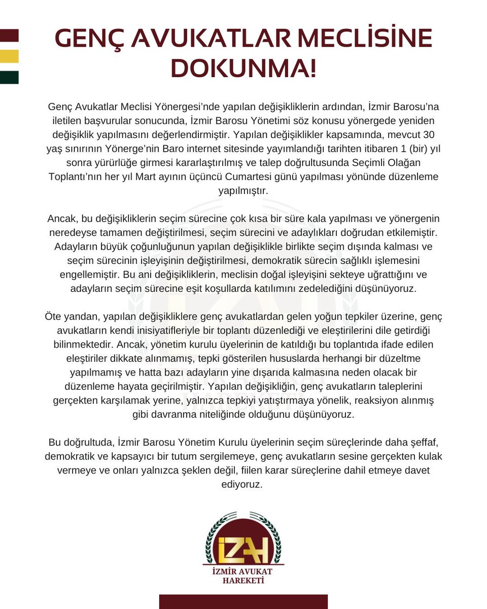 Genç Avukatlar Meclisi Yönergesi’nde yapılan değişikliklerin ardından, İzmir Barosu’na iletilen başvurular sonucunda, İzmir Barosu Yönetimi söz konusu yönergede yeniden değişiklik yapılmasını değerlendirmiştir. Yapılan değişiklikler kapsamında, mevcut 30 yaş sınırının Yönerge’nin