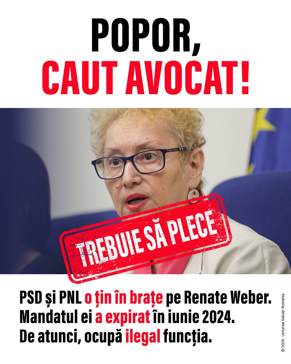 usr_oficial's tweet photo. ‼️ PSD și PNL o țin în brațe pe Renate Weber, așa-zisa Avocată a Poporului. Mandatul ei a expirat în iunie 2024. De atunci, ocupă ilegal funcția.

‼️ Astăzi, în Birourile Permanente Reunite, majoritatea PSD-PNL a blocat cererea colegului nostru Narcis Mircescu de a începe procedura pentru numirea unui nou Avocat al Poporului. 

‼️ De ce? Pentru că Renate Weber le servește perfect interesele! E menținută în funcție, chiar și ilegal. ⤵️