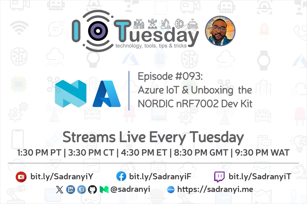 sadranyi's tweet image. Today, we dive into @Azure  IoT Services &amp;amp; unbox the @NordicTweets  nRF7002 Dev Kit—a game-changer for Wi-Fi 6 IoT development! 📦🔧
📌 Join Live: bit.ly/SadranyiY
#IoTTuesday #AzureIoT #nRF7002 #IoTDevelopment #MVPBuzz