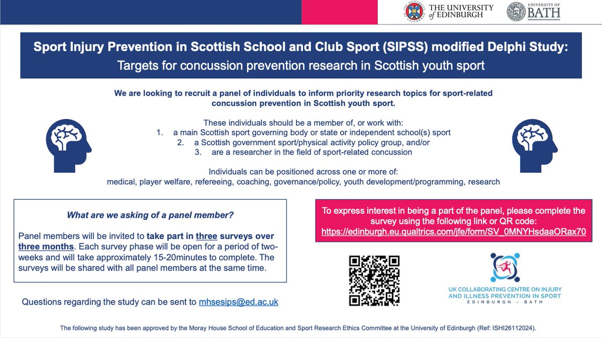 ‼️Informing priority research topics for sport-related concussion prevention in Scottish youth sport‼️

We are looking to recruit a panel of individuals to inform priority research topics for sport-related concussion prevention in Scottish youth sport.