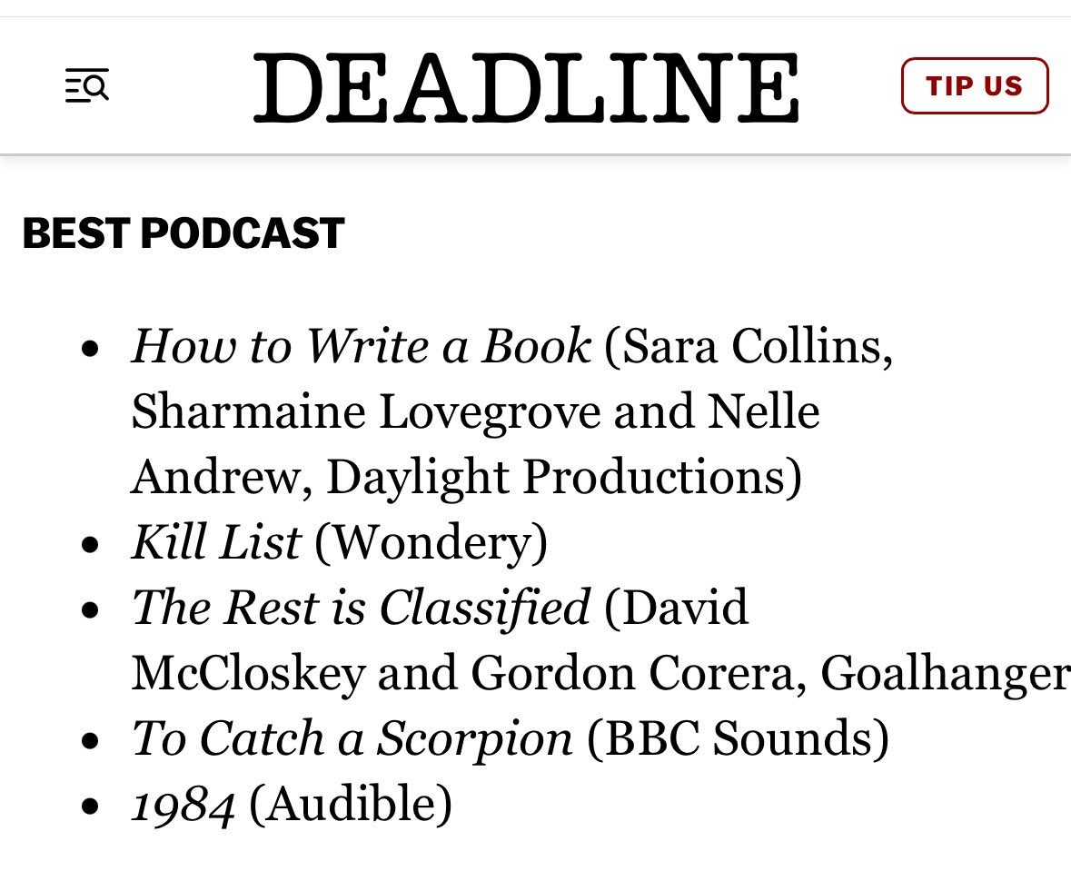 Elizabeth Day (@elizabday) on Twitter photo How To Write A Book, the first podcast from Daylight Productions, has been nominated for Best Podcast at the Broadcasting Press Guild Awards and I am SPEECHLESS with joy. Thank you to hosts <a href="/mrsjaneymac/">Sara Collins</a> <a href="/SharLovegrove/">Sharmaine Lovegrove</a> <a href="/Nelle_Andrew/">Nelle Andrew</a> and to the Guild for recognising us in this way. How To Write A Book, the first podcast from Daylight Productions, has been nominated for Best Podcast at the Broadcasting Press Guild Awards and I am SPEECHLESS with joy. Thank you to hosts <a href="/mrsjaneymac/">Sara Collins</a> <a href="/SharLovegrove/">Sharmaine Lovegrove</a> <a href="/Nelle_Andrew/">Nelle Andrew</a> and to the Guild for recognising us in this way.