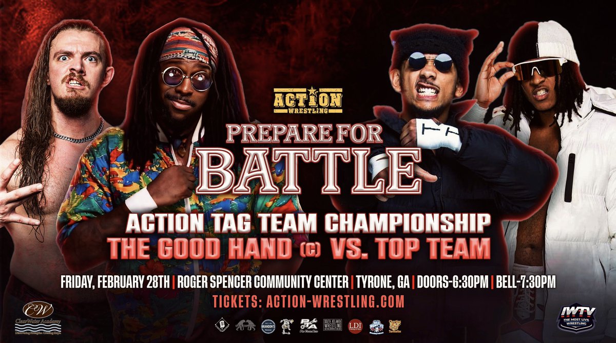 WrestleACTION1's tweet photo. MATCH ANNOUNCEMENT

This Friday night LIVE on IWTV, The Good Hand defend the ACTION Tag Team Championships against Top Team!

PREPARE FOR BATTLE is this Friday at 730pm in Tyrone Ga! https://t.co/mJCOUmWKII