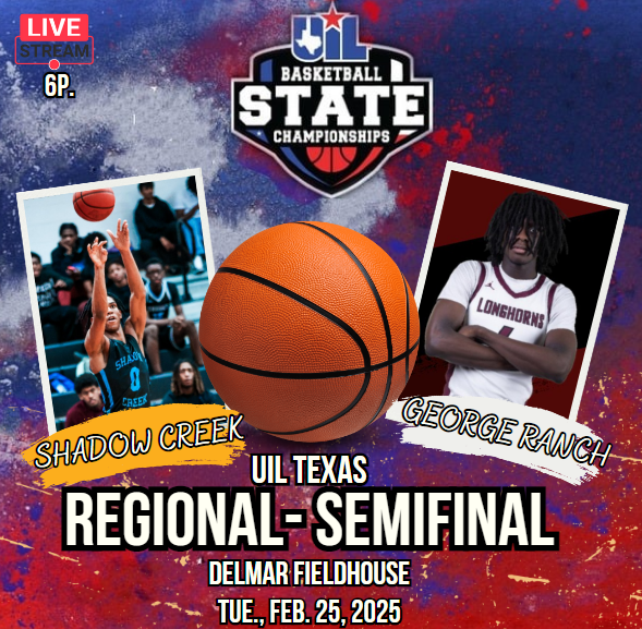 Texas UIL SPORTS (@texasuil_sport) on Twitter photo 🏀🚨Regional Semifinals!🚨
Shadow Creek vs George Ranch
📺Livestream: bit.ly/40VSJKfr
🗓 | Tue.Feb.25
🕖| 6p.
<a href="/SCSharkBball/">🏀SCHS Basketball🏀</a> <a href="/AidenLaw20/">Aiden Law</a> <a href="/Brycejack10/">Bryce</a> <a href="/Cant_guardmike_/">Michael Collins</a> <a href="/ShadowCreekHS/">Shadow Creek HS</a> <a href="/HoopsRanch/">George Ranch Hoops</a> <a href="/gabriel_mahonwu/">Gabriel Mahonwu</a> <a href="/jevonwa1ker/">Jevon</a> <a href="/pinkpatterson/">Heather Patterson</a> <a href="/CoachCaseyVogt/">Casey Vogt</a> <a href="/CoachMaxwe11/">Michael Maxwell</a> 🏀🚨Regional Semifinals!🚨
Shadow Creek vs George Ranch
📺Livestream: bit.ly/40VSJKfr
🗓 | Tue.Feb.25
🕖| 6p.
<a href="/SCSharkBball/">🏀SCHS Basketball🏀</a> <a href="/AidenLaw20/">Aiden Law</a> <a href="/Brycejack10/">Bryce</a> <a href="/Cant_guardmike_/">Michael Collins</a> <a href="/ShadowCreekHS/">Shadow Creek HS</a> <a href="/HoopsRanch/">George Ranch Hoops</a> <a href="/gabriel_mahonwu/">Gabriel Mahonwu</a> <a href="/jevonwa1ker/">Jevon</a> <a href="/pinkpatterson/">Heather Patterson</a> <a href="/CoachCaseyVogt/">Casey Vogt</a> <a href="/CoachMaxwe11/">Michael Maxwell</a>