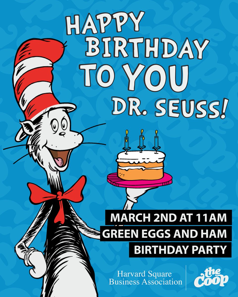 The HSBA, in partnership with the COOP, excitedly announces a Dr. Seuss Birthday Party &amp; a hats off to reading celebration in honor of the beloved children’s story teller’s 121st birthday!
harvardsquare.com/join-the-fun-a…