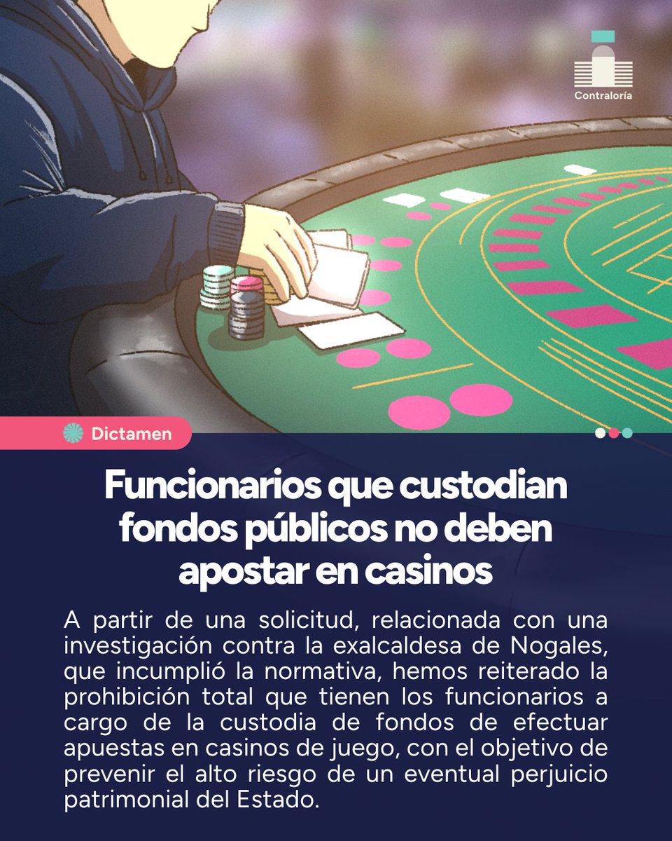 Contraloriacl's tweet photo. 🔴DICTAMEN | Tras una presentación de la Superintendencia de Casinos de Juego por un hecho que involucra a exalcaldesa, reiteramos la prohibición total a funcionarios que custodien fondos públicos de apostar en casinos.
La nota acá 👉🏼 https://t.co/rX4mGxVHI7 https://t.co/N5AvOx2Ua0