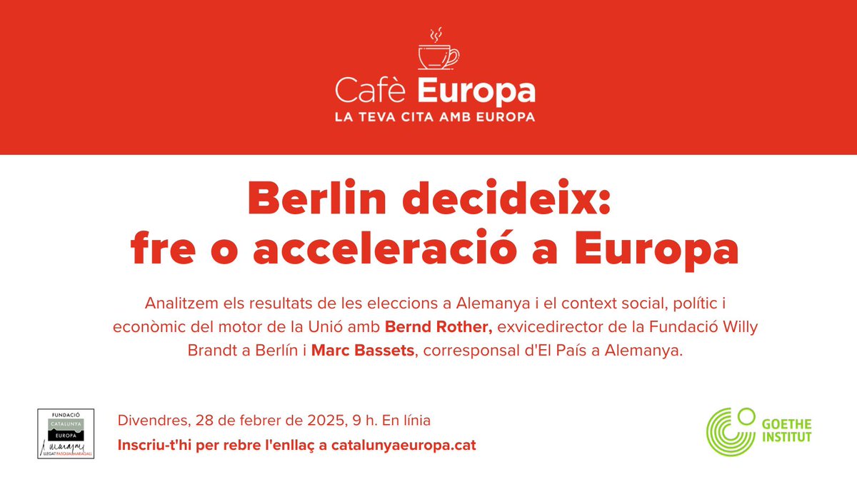 Fundació Catalunya Europa (@catalunyaeuropa) on Twitter photo ☕️Aquest divendres: primer #CafèEuropa de l'any.
🌍Amb el <a href="/GIBarcelona/">Goethe-Institut BCN</a> parlem de la locomotora d'Europa i el nou escenari després de les eleccions.
💻Inscriu-t'hi ara: inscribirme.com/cafeeuropaberl… ☕️Aquest divendres: primer #CafèEuropa de l'any.
🌍Amb el <a href="/GIBarcelona/">Goethe-Institut BCN</a> parlem de la locomotora d'Europa i el nou escenari després de les eleccions.
💻Inscriu-t'hi ara: inscribirme.com/cafeeuropaberl…