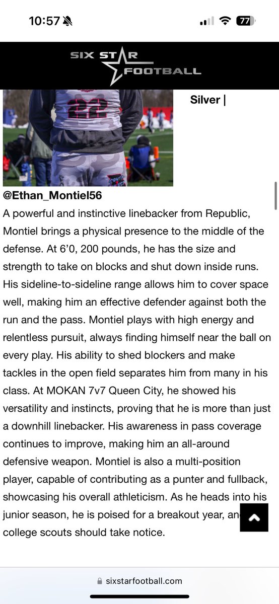 Ethan Montiel (@ethan_montiel56) on Twitter photo Thank you, <a href="/sixstarfootball/">Six Star Football | PLUS+</a> for the write up! I look forward to continuing to showcase my abilities through the offseason and show out my Junior Year.
<a href="/Southwest7v7/">Southwest 7</a> <a href="/RepMoTigersFB/">Republic Tigers Football</a> @coachCordovaDC <a href="/The_onlyAjReed/">Allen Reed</a> Thank you, <a href="/sixstarfootball/">Six Star Football | PLUS+</a> for the write up! I look forward to continuing to showcase my abilities through the offseason and show out my Junior Year.
<a href="/Southwest7v7/">Southwest 7</a> <a href="/RepMoTigersFB/">Republic Tigers Football</a> @coachCordovaDC <a href="/The_onlyAjReed/">Allen Reed</a>