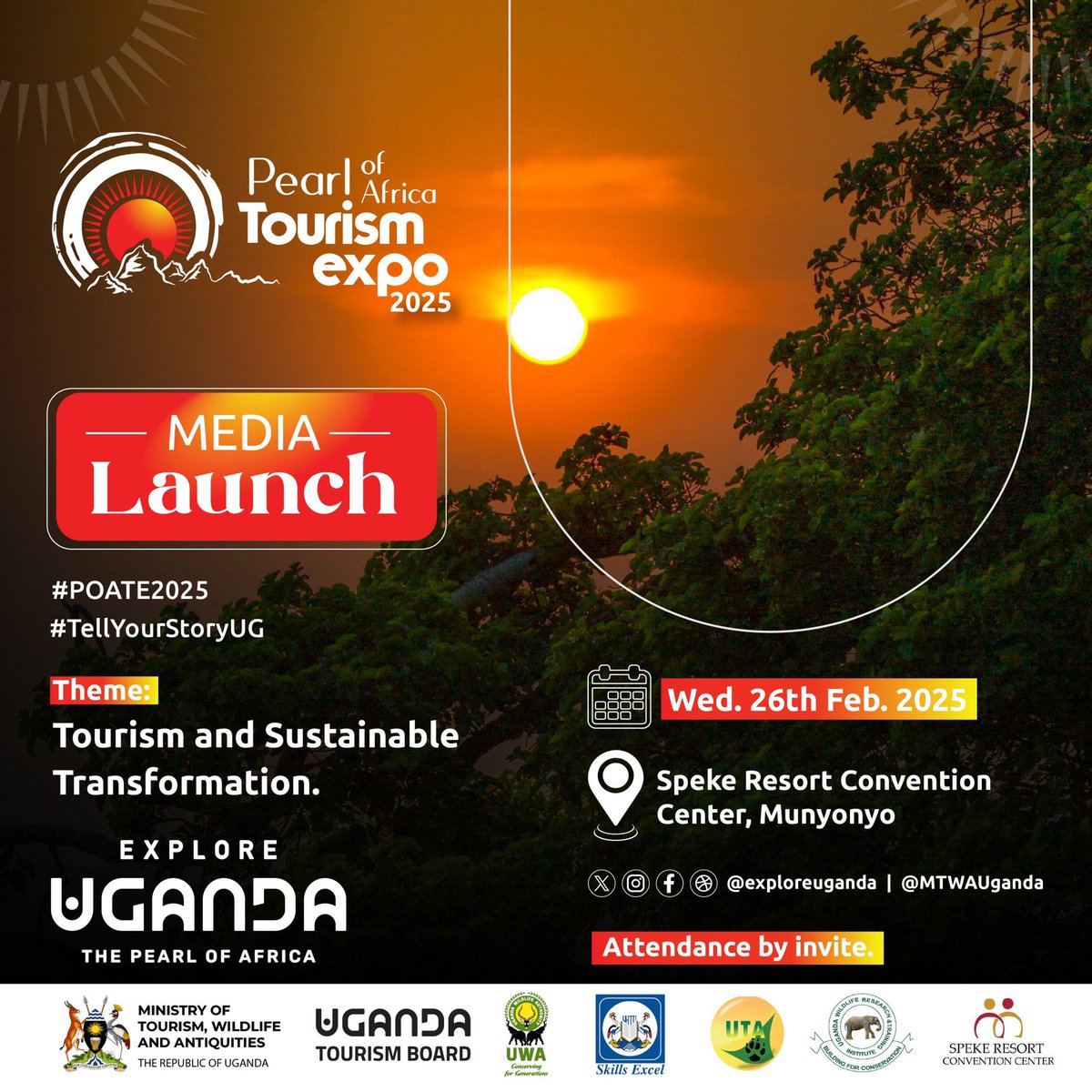 📢📡 POATE2025 Media Launch 🚀 

Let’s get ready for the biggest tourism Expo of the year.

Theme: 🎙
Tourism and Sustainable Transformation.
🪧<a href="/spekeresort/">Speke Resort Munyonyo</a> 
📍Wed, 26th Feb

Attendance by Invite only 

#POATE2025 #TellYourStoryUG
#ExploreUganda